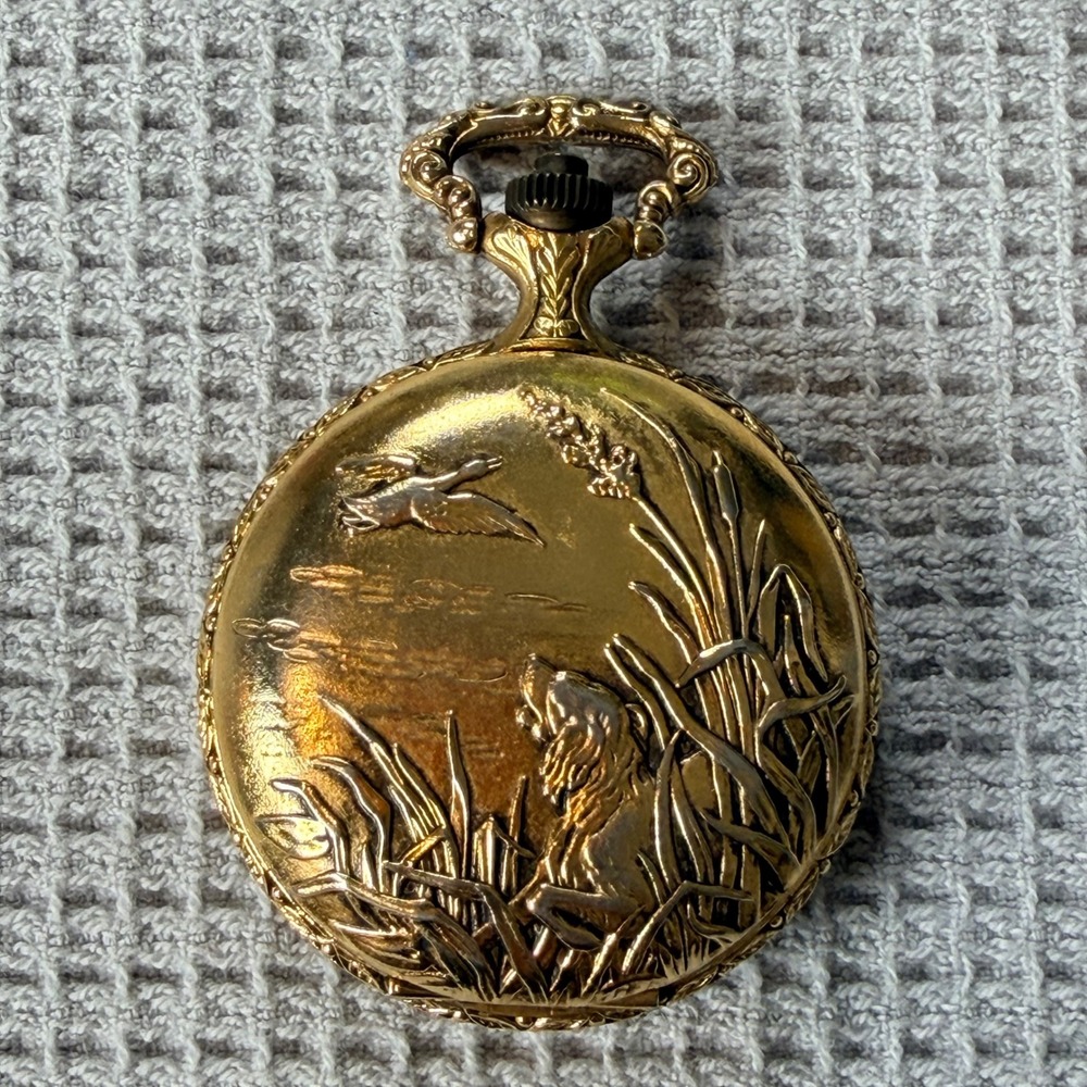 Armitron Quartz Pocket Watch Gold Tone Hunting Dog Duck Scene Roman Numerals